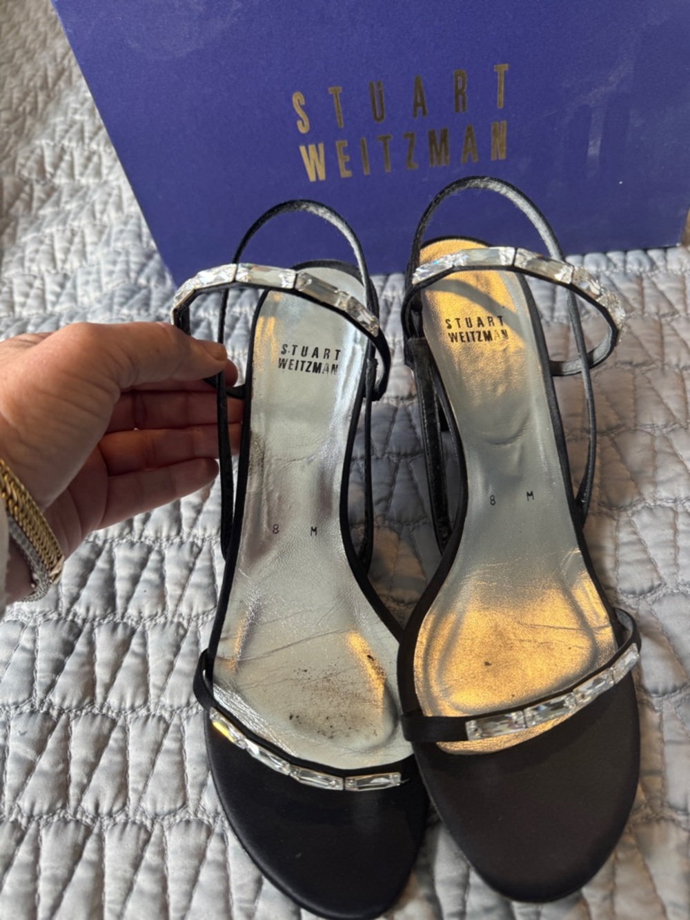 Stuart Weitzman Black Satin Crystal-Trim Slingback Heels Size 8